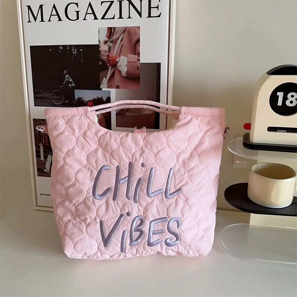 

Large Capacity Drawstring Puffer Tote Bag Lightweight Embroidery Nylon Padded Tote Bag Korean Style All-match