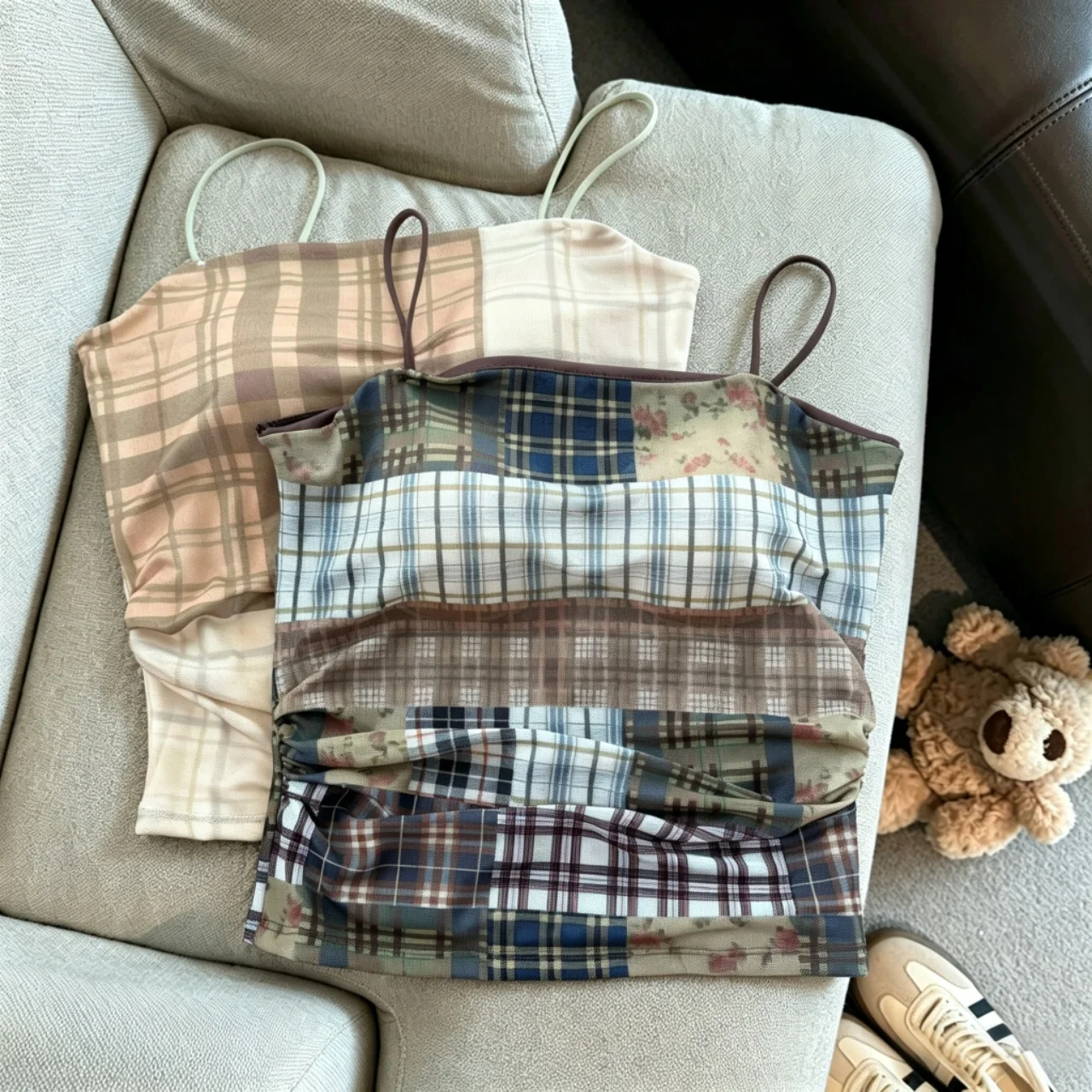 Summer New Sexy Mesh Plaid Spliced Print Strap Vest Women's Slim Fit Fixed Band Chest Pad Versatile Top Nylon Cotton Spandex