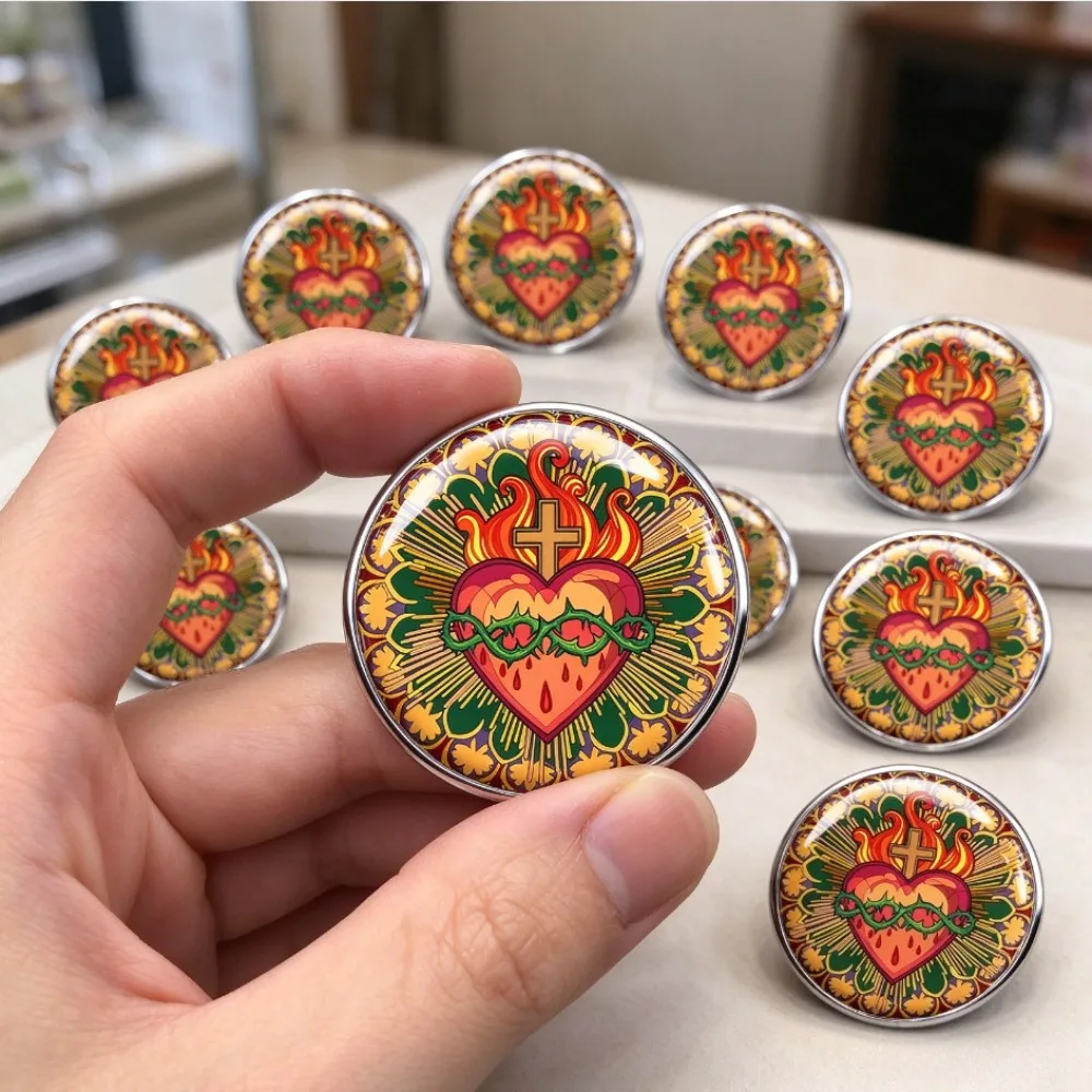 6-20 Pcs Sacred Heart Jesus 2D Print Lapel Pin, Crown of Thorns Cross Pattern Brooch,Backpack Clothing Accessory, Badge Souvenir