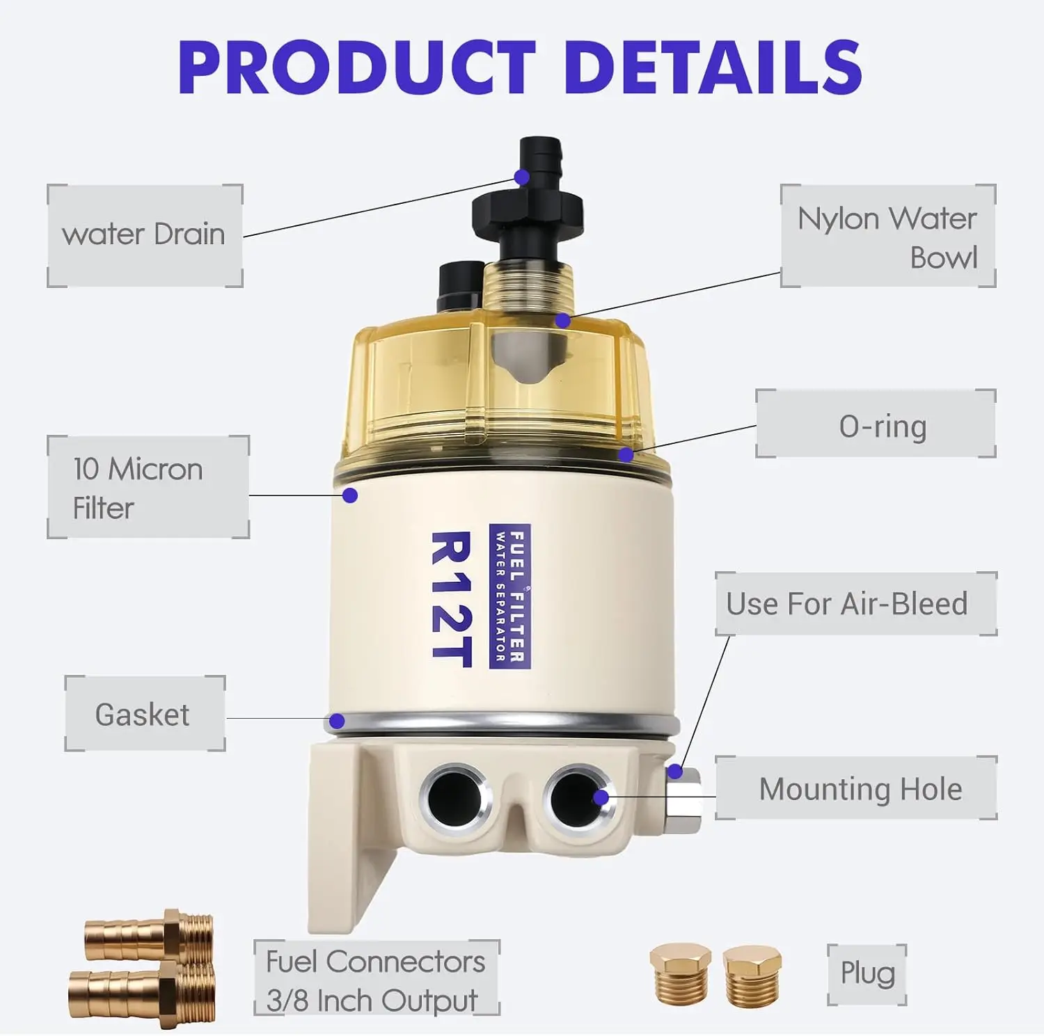 R12T Fuel Filter Water Separator Complete Kit - Marine SPIN-ON R12T Filter Replaces S3240 120AT NPT ZG1/4-19 Fit 3/8 Inch NPT