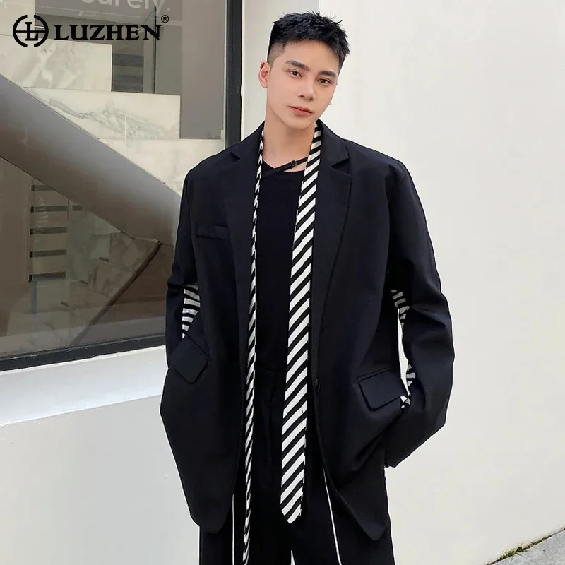 LUZHEN Stripe Splicing Design Necktie Decorate Blazer Coat Men's 2024 Autumn Fashion Elegant Trendy Korean Street Jacket LZ7128