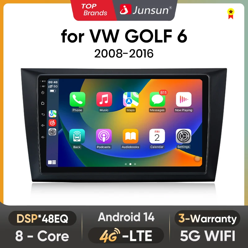 Autoradio Junsun pour VOLKSWAGEN VW GOLF 6 2008 2009-2016 CarPlay Android Auto FM RDS DSP BT GPS Navi SWC Écran tactile HD IPS Plug & Play Lecteur multimédia Appel mains libres Style voiture d'origine Unité centrale
