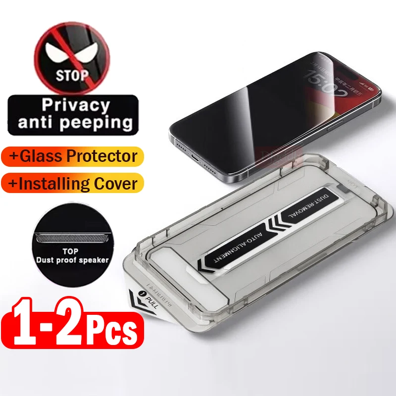 1-2Piece Easy Installation Dust-free Box Privacy Screen Protector For iPhone 16 15 14 13 12 Pro Max Plus Anti Spy Temperd Glass