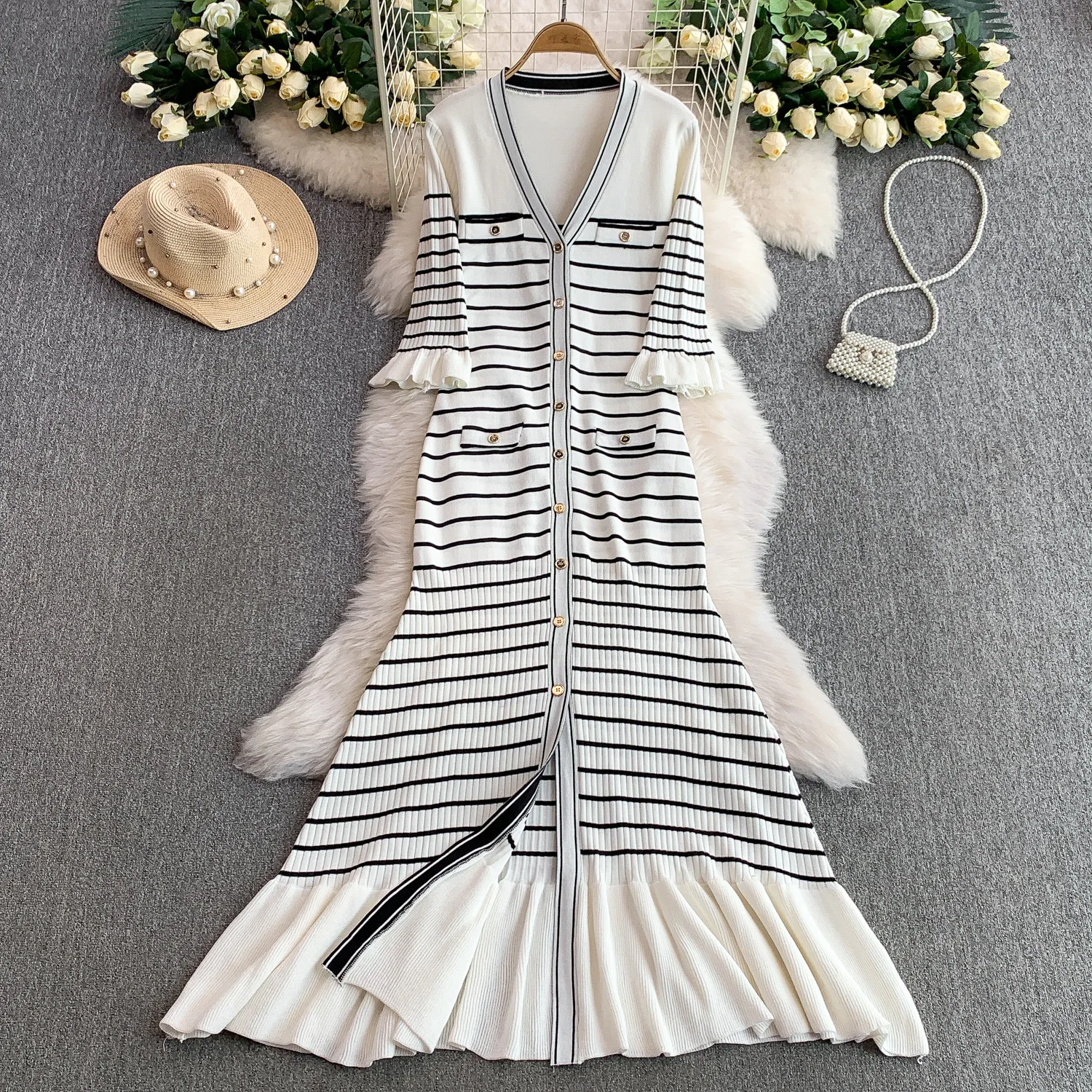 

V-neck Trumpet Sleeve Striped Knitted Dress 2025 New Single-breasted Waist Fishtail Hem Long Dress Casual Holiday Beach Vestidos