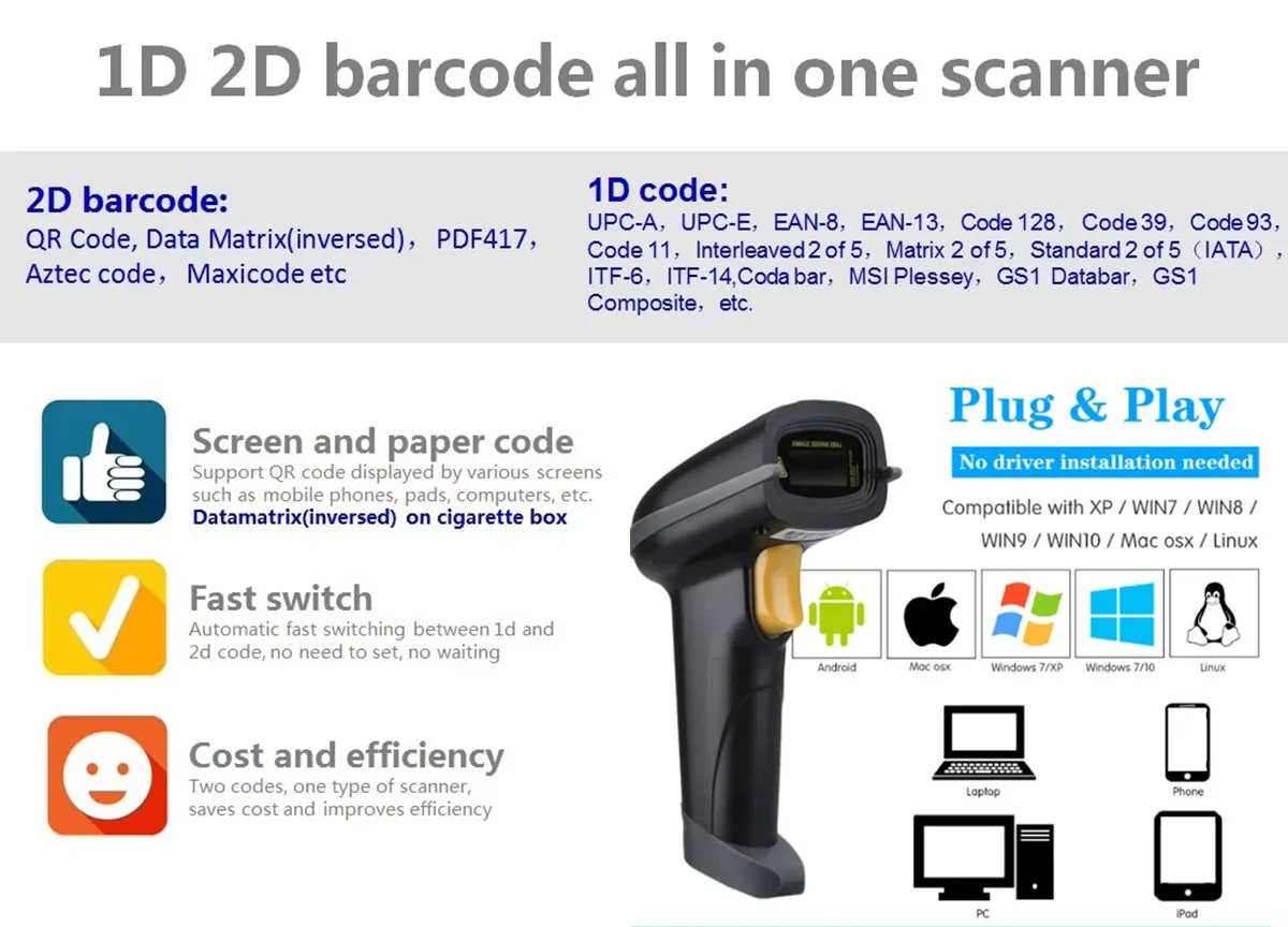 Wireless Bluetooth 1D 2D Barcode Scanner Module Long Range 433Mhz with CCD Laser CMOS Sensor Reader for Mobile POS System