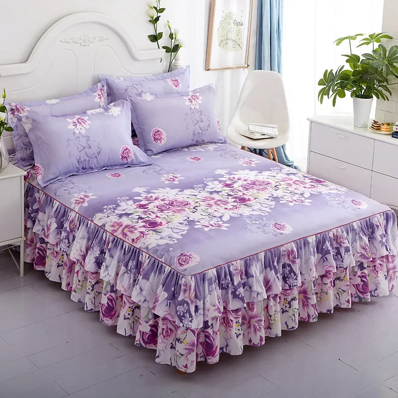 Hemming bilateral bed skirt + 1 pair of pillowcases  soft and breathable high-end polished princess bedspread three-piece set