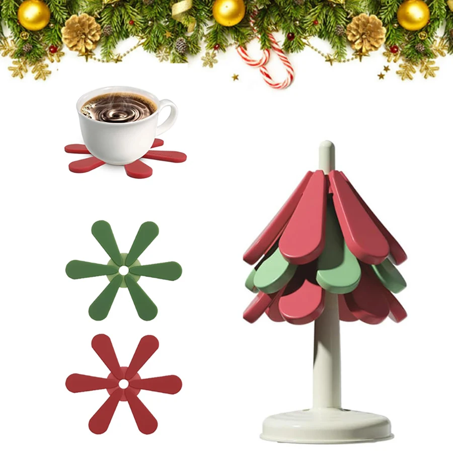 Silicone Trivets for Hot Dishes Office Desk Restaurant Cafe Coaster Decoration Foldable Christmas Tree Shape Table Mat Set of 3