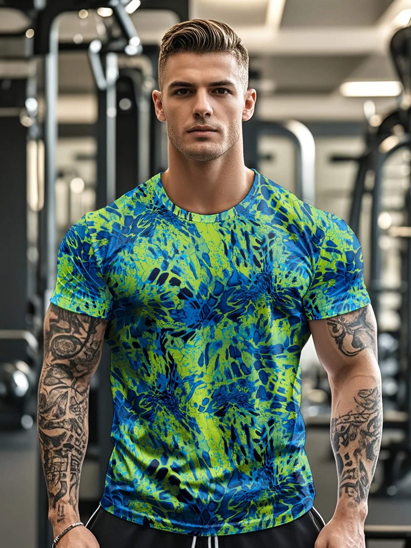 Men High Elastic Quick Dry Sports Compression Shirt Tie Dye Green Blue Print Short Sleeve Gym Workout Running Top