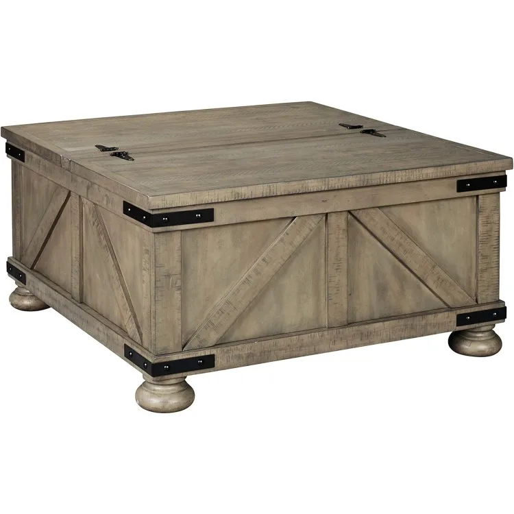 Aldwin Farmhouse Square Coffee Table with Lift Top for Storage, Grayish Brown