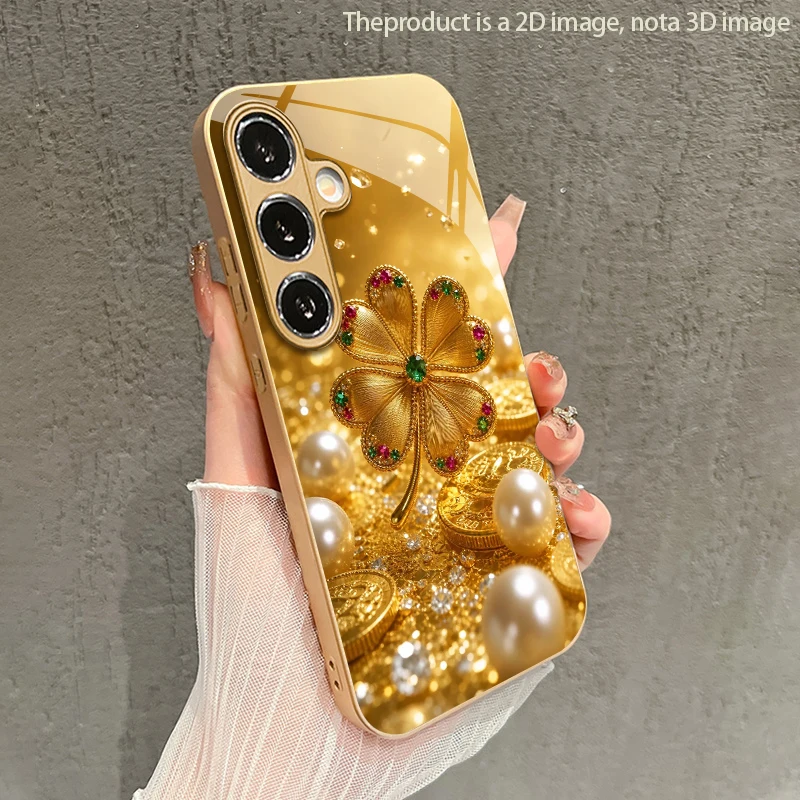Colorful Gem Four-leaf Pattern 2D Phone Case for Samsung S26 S25 S24 S23 S22 S21 S20 Golden Metal Paint Glass Protective Cover