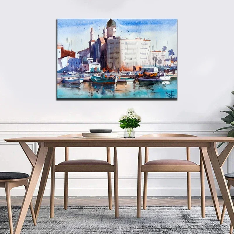 New Delhi India City Scenery Boat Building Abstract Watercolor Painting Canvas Wall Art By Ho Me Lili For Livingroom Home Decor