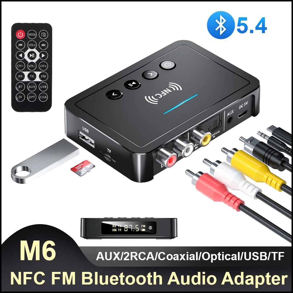 Bluetooth Receiver Transmitter Bluetooth 5.4 Remote Controller 3.5mm AUX/RCA/USB U Disk/TF Input Digital Adapter M6