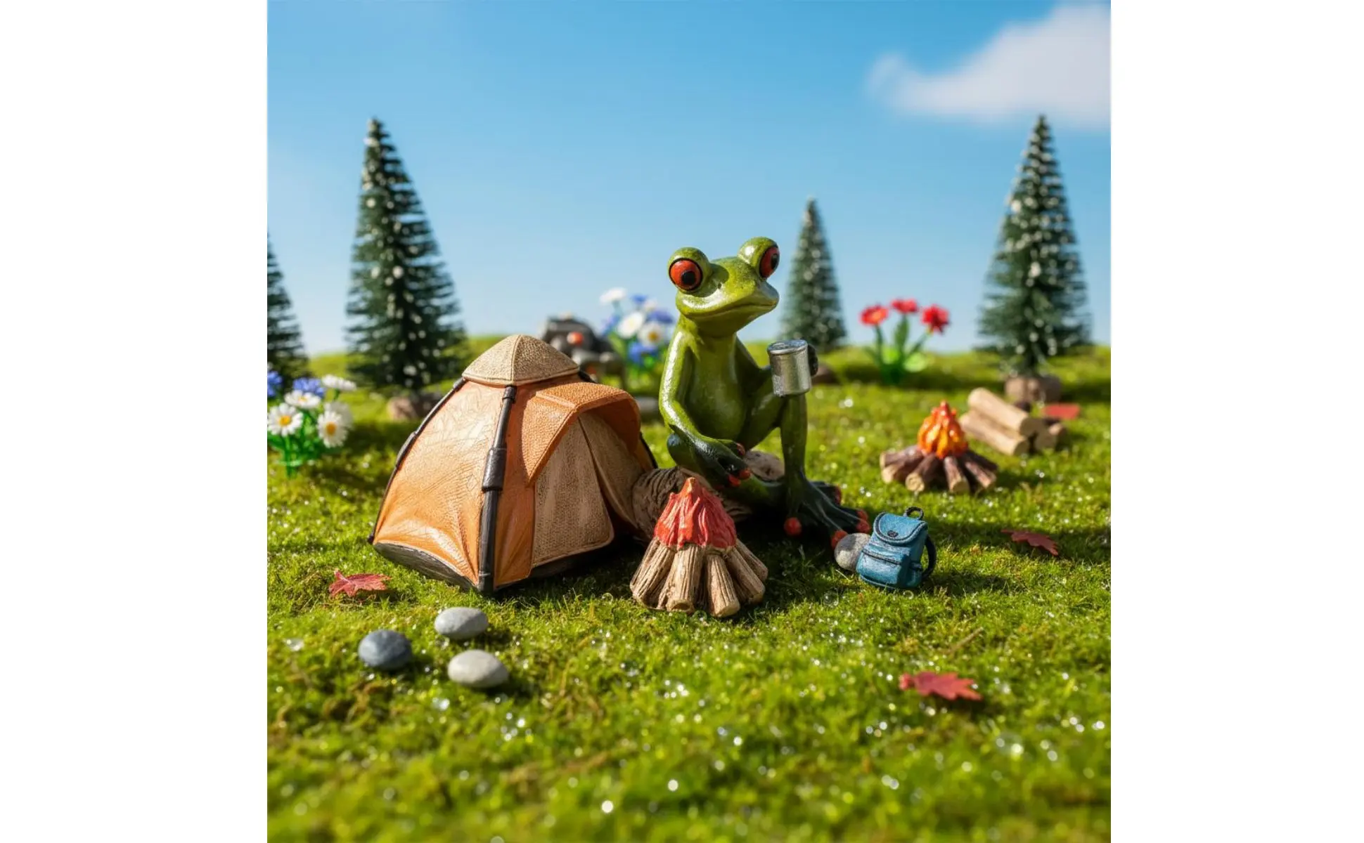 Resin Frog Statue with Tent Novelty Design Camping Frog Figurine House Decoration Detailed Craftsmanship Handmade for Shelf