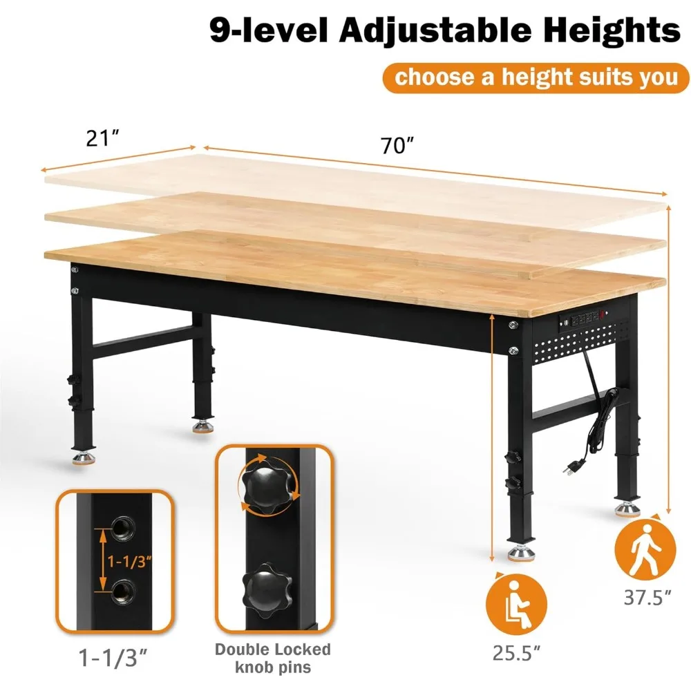 70" Adjustable Height Workbench, 2000 LBS Heavy Duty Work Table with Power Outlets & Pegboard, Rubber Wood Workstation