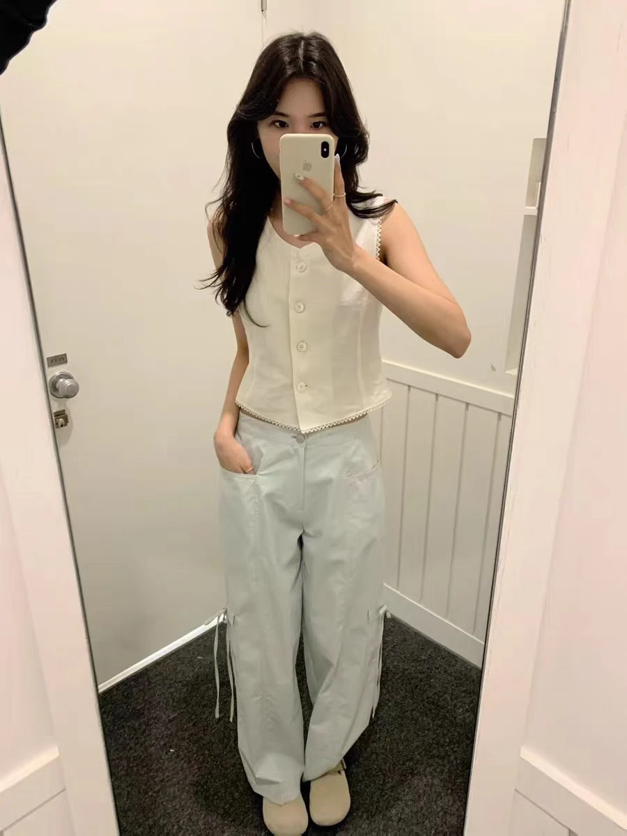 توب نسائي أنيق بياقة مستديرة وكشكشة بدون أزرار، إصدار جديد للصيف من مزيج القطن والكتان، قصير ومستقيم