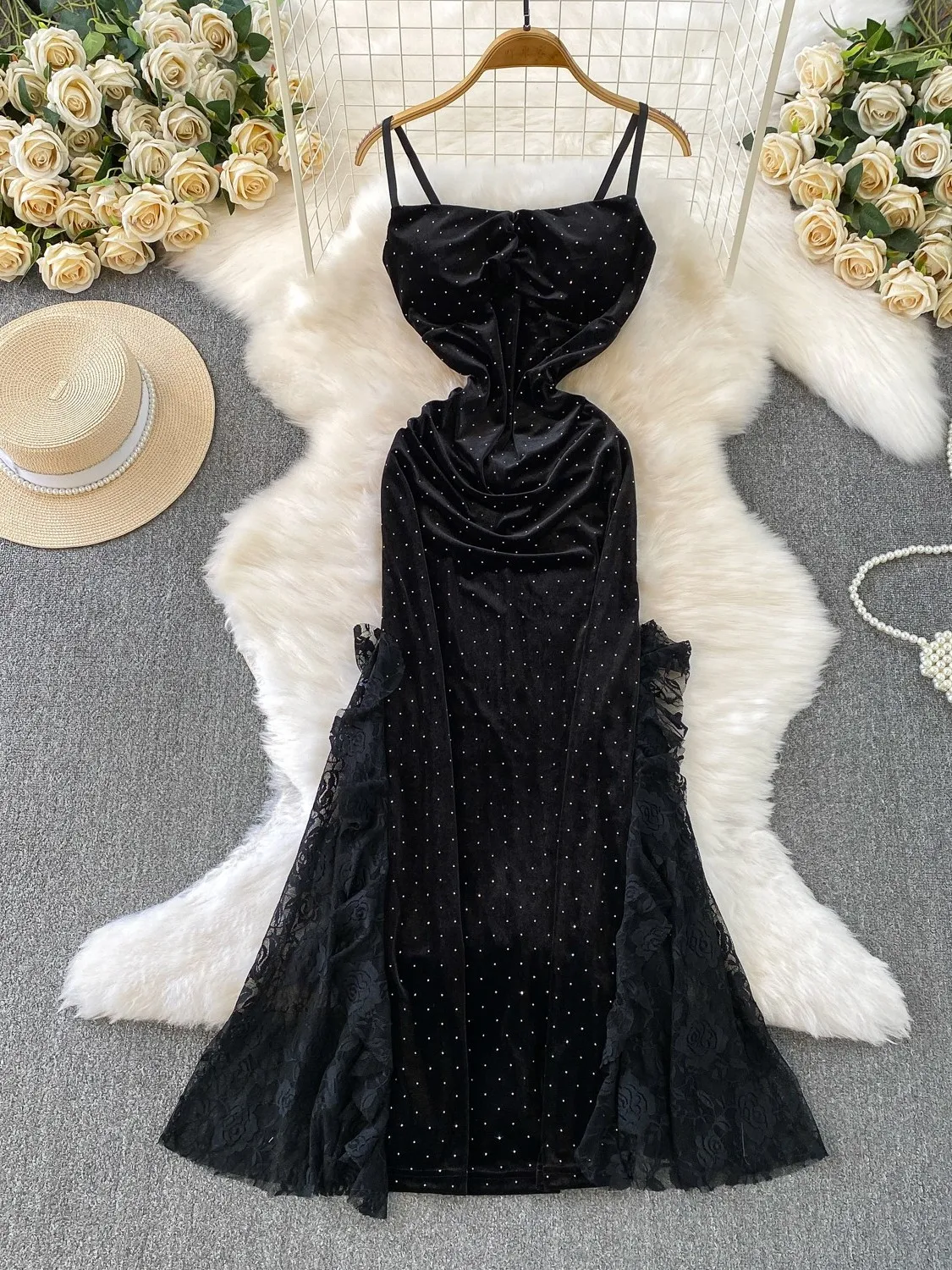 Suknia wieczorowa z aksamitu i koronki, damska, z wysokim stanem, długa, na czerwony dywan, modna, retro, z paskiem z dżetów.