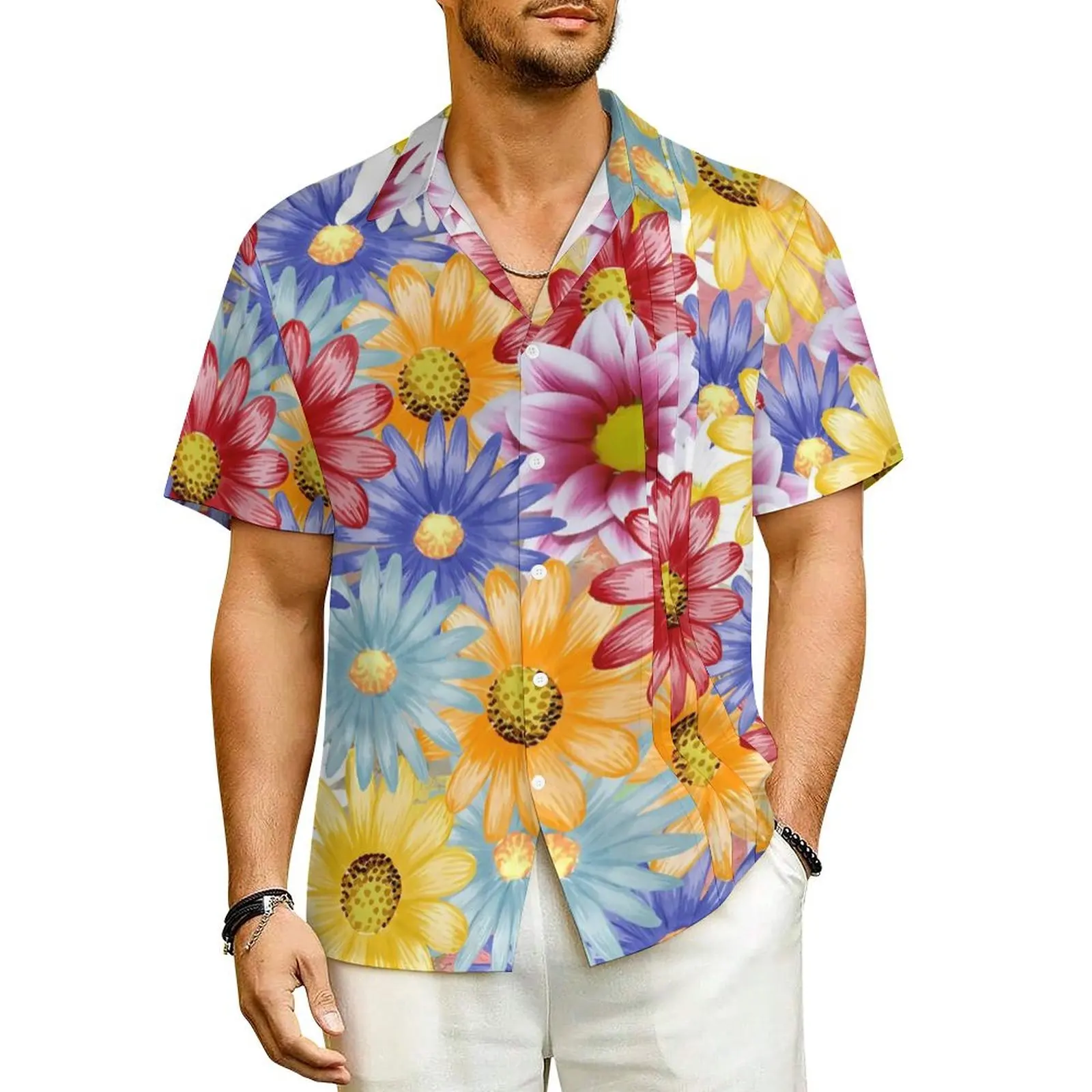 

Colorful Daisy Print Beach Shirt Mens Floral Cool Casual Shirts Summer Short-Sleeved Y2K Design Oversized Blouses Gift Idea