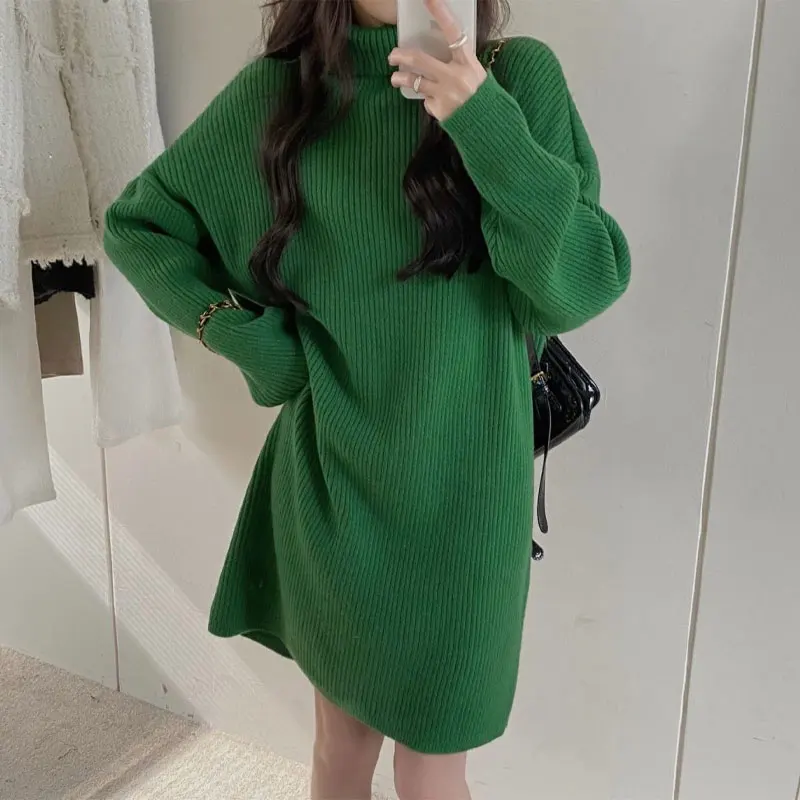 Autumn Winter Turtleneck Knitted Dresses Casual Loose Women's Clothing Solid Color Basic Korean Long Sleeve Straight Midi Dress