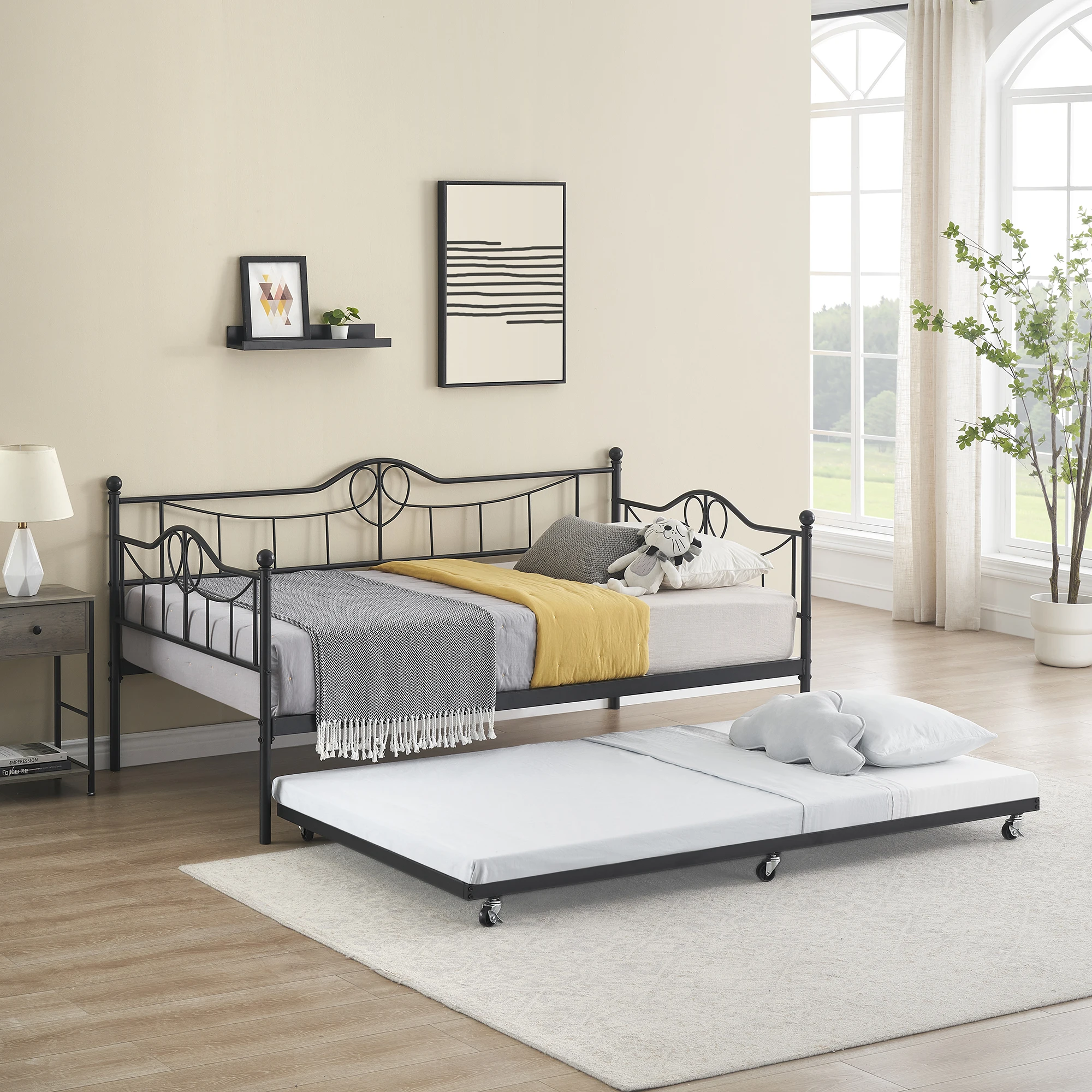 Space-Saving Metal Daybed with Trundle - Modern Twin Sofa Bed Frame, Vintage Headboard, Sturdy Steel Slats, Versatile for Bedroom, Living Room or Guest Room, No Box Spring Needed - Black or Pink