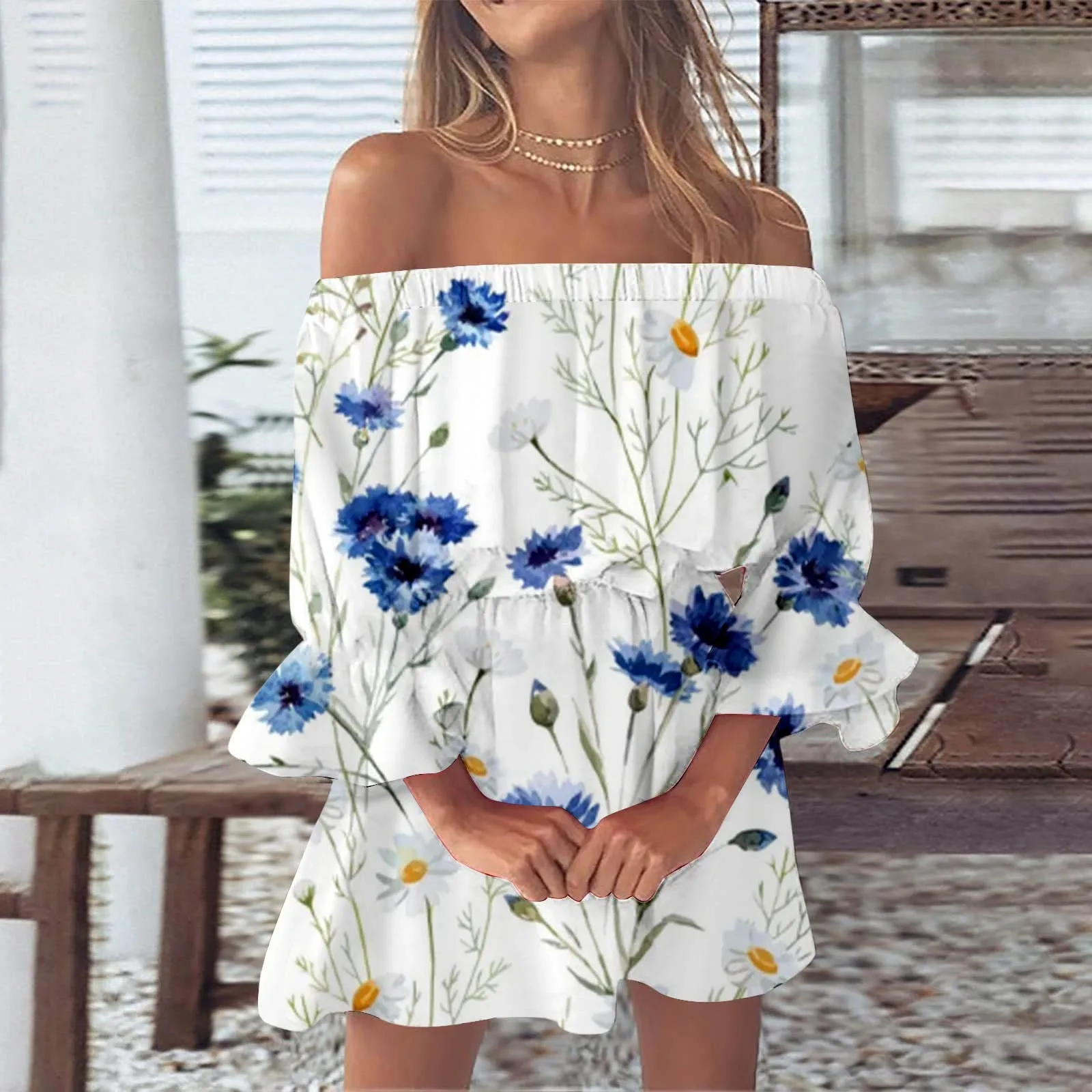 

Boho Dresses for Women 2024 Summer Sexy Off Shoulder Floral Print Flare Sleeve Tunic Dress Women Casual Mini Sundress Vestidos