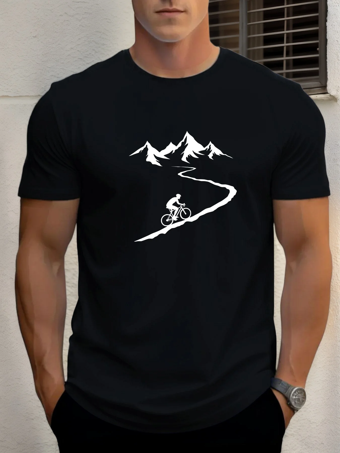 Summer 100% Pure Cotton Men's Casual Loose and Fashionable Cycling Pattern Printed Sports Short Sleeved Round Neck T-shirt Top