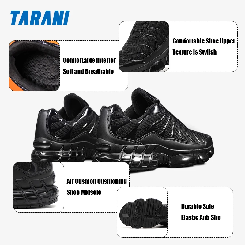 Tarani Men's Trend Casual Sports Shoes with Air Cushion Breathable Mesh Comfortable Athletic Shoes for Walking Commute - Black