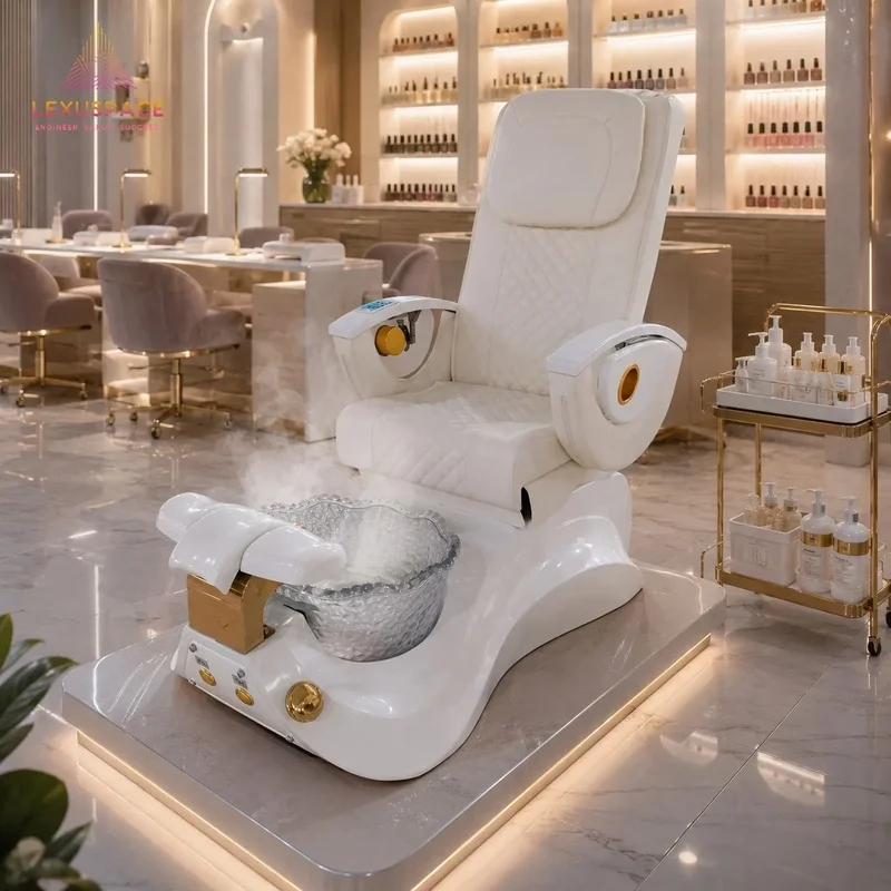 Elegant White and Gold Spa Pedicure Chair with Drainage Pump and Pipeless Jet System for Beauty Salon