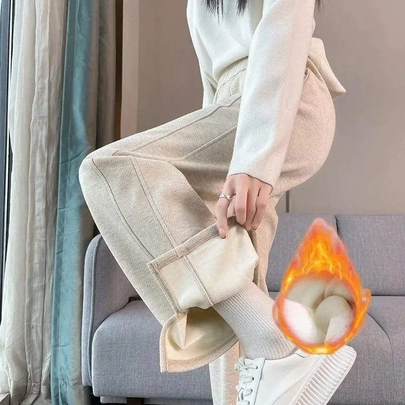 กางเกงขายาวผ้าฟลีซหนานุ่มทรงขากว้างสำหรับผู้หญิง ฤดูใบไม้ร่วง ฤดูหนาว ผ้าขนสัตว์ ทรงตรงผ่าข้าง รุ่นแคบ สไตล์ลำลอง ทรงกล้วย