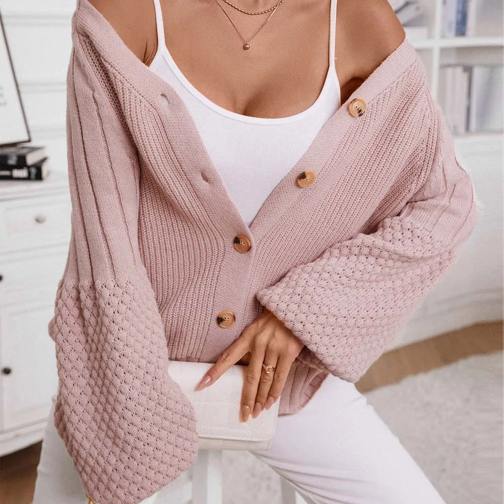 

Женский осенне-зимний однотонный кардиган с v-образным вырезом и длинными рукавами, текстурный вязаный кардиган, свитер на пуговицах, пальто