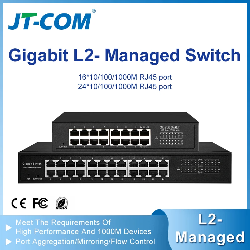 

JT-COM 16/24-port Gigabit managed switch with 10/100/1000M RJ45 interfaces, supporting VLAN, QoS, and port mirroring.