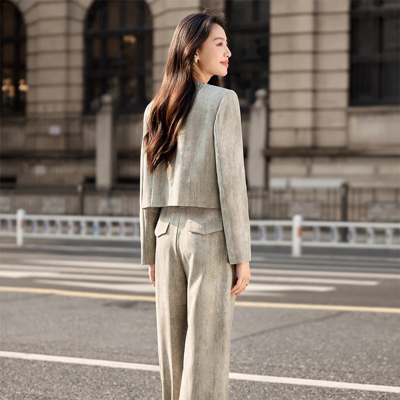 SENTUBILA 2 Piece Set for Women Autumn 2026 O-Neck Chinese Style Disc Buckle Coat & Loose Straight Casual Trousers Q53ZA3434