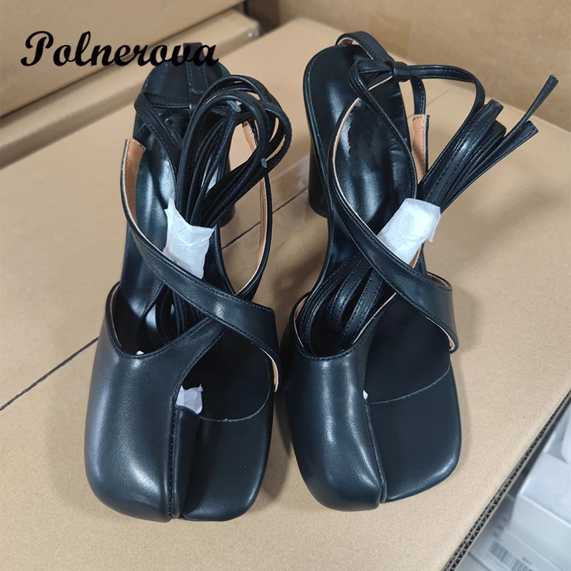 Pink Round Toe Thick Heel Toe Sandals for Women High Heel Cross Strap Large Size Hollow Sandal Sandalias De Mujer Verano 2024