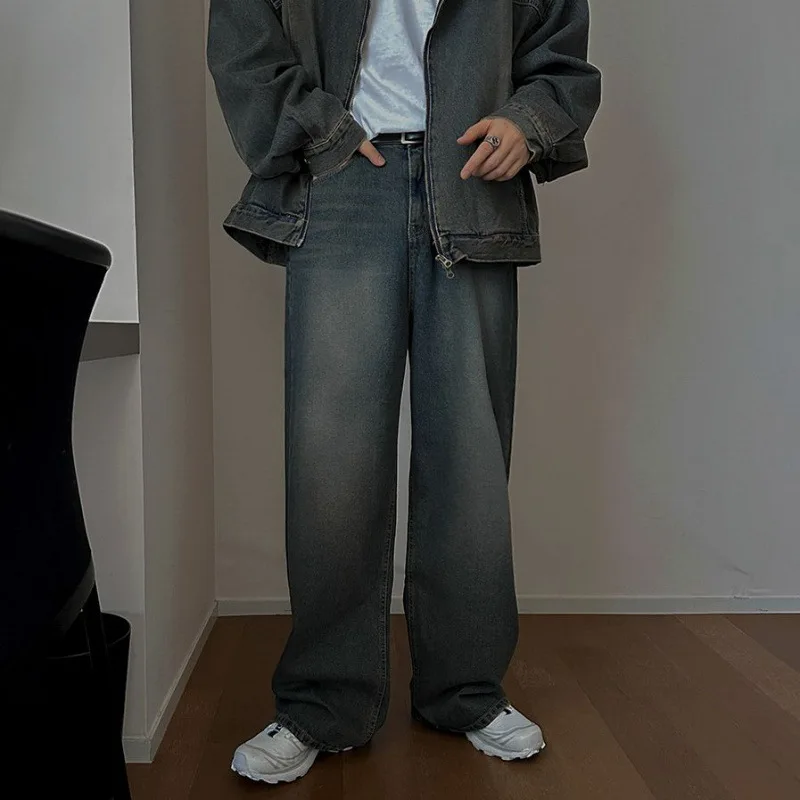 WTHT Fashion Men's Suit Gradient Do Old Hooded Denim Coats High-waisted Wide Leg Casual Jeans Set Male 2025 Autumn 2A2477