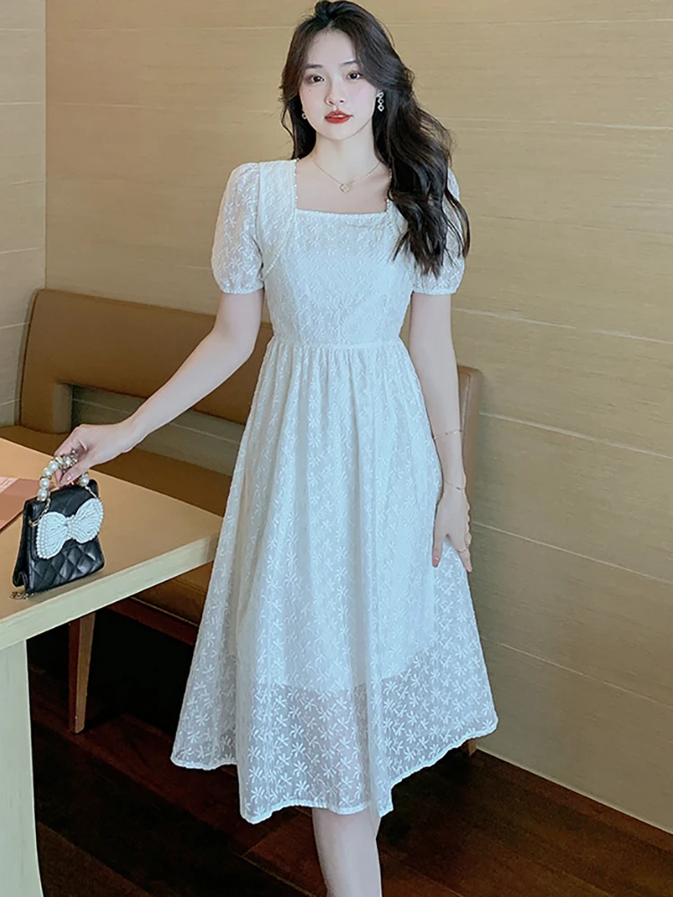 Summer White Jacquard Lace Embroidery Floral Midi Dress Women Chic Beading Sqaure Collar Dress 2025 Korean Elegant Luxury Dress