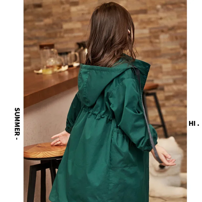 Kids Girls Trench Fashion Drawstring Hooded Jacket Tops Spring Autumn Children Clothes Teenager Girl Solid Color Coat