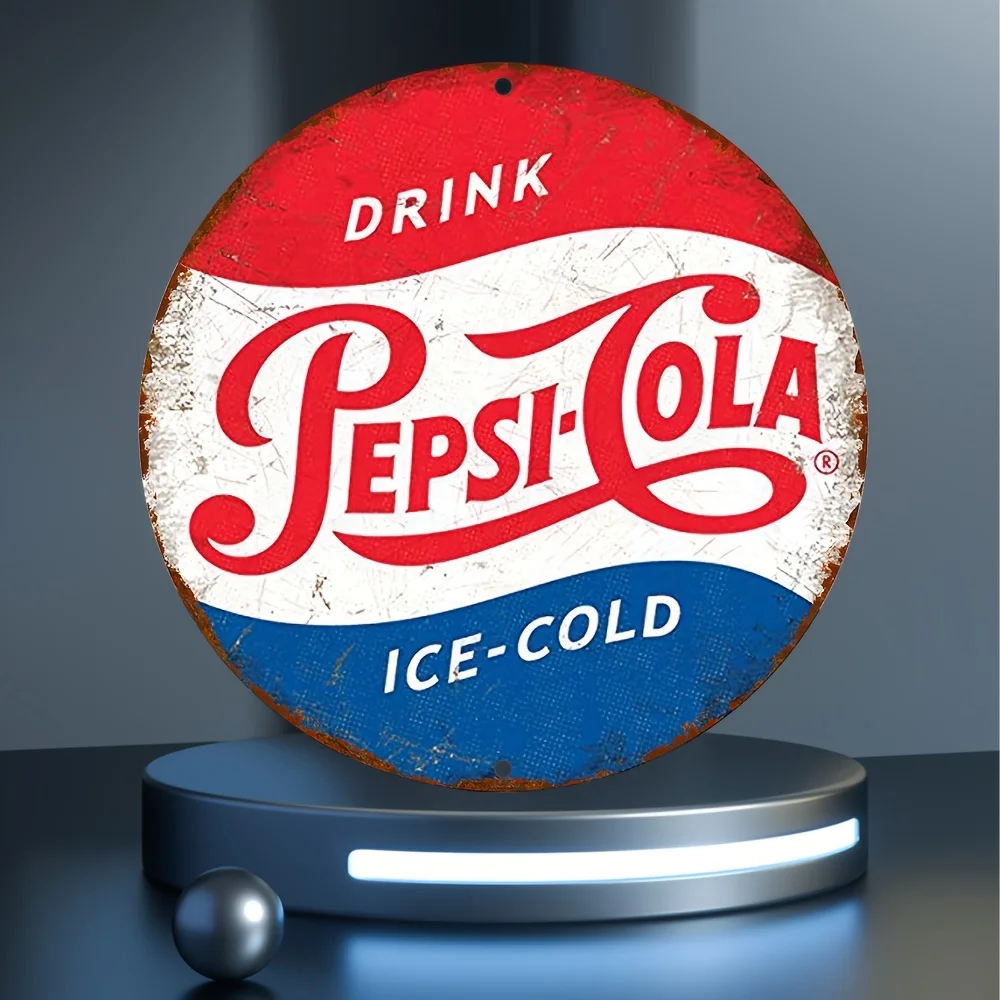 Wooden Vintage Round Pepsi-Cola Sign, Rustic 2D Flat Print Wall Art, Retro Soda Pop Aesthetic Decor, Ice-Cold Drink Plaque, Aest