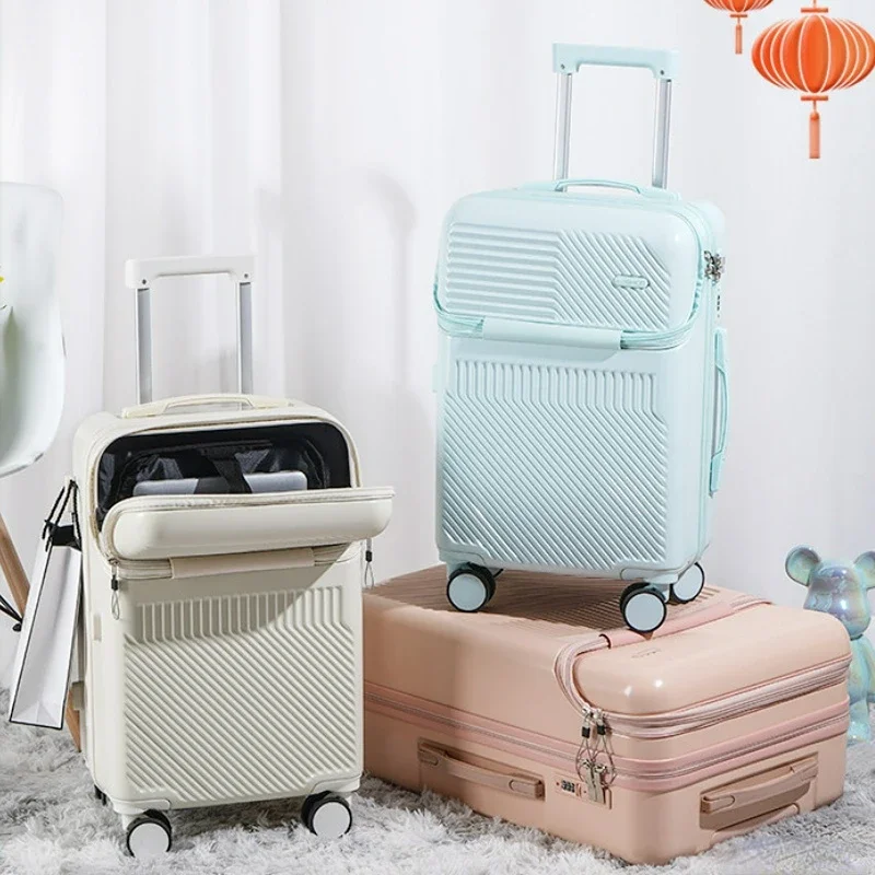 2024 New fashion Front Opening 20 Inch Boarding Suitcase Travel suitcases with Wheel ABS+PC rolling luggage case with Cup holder