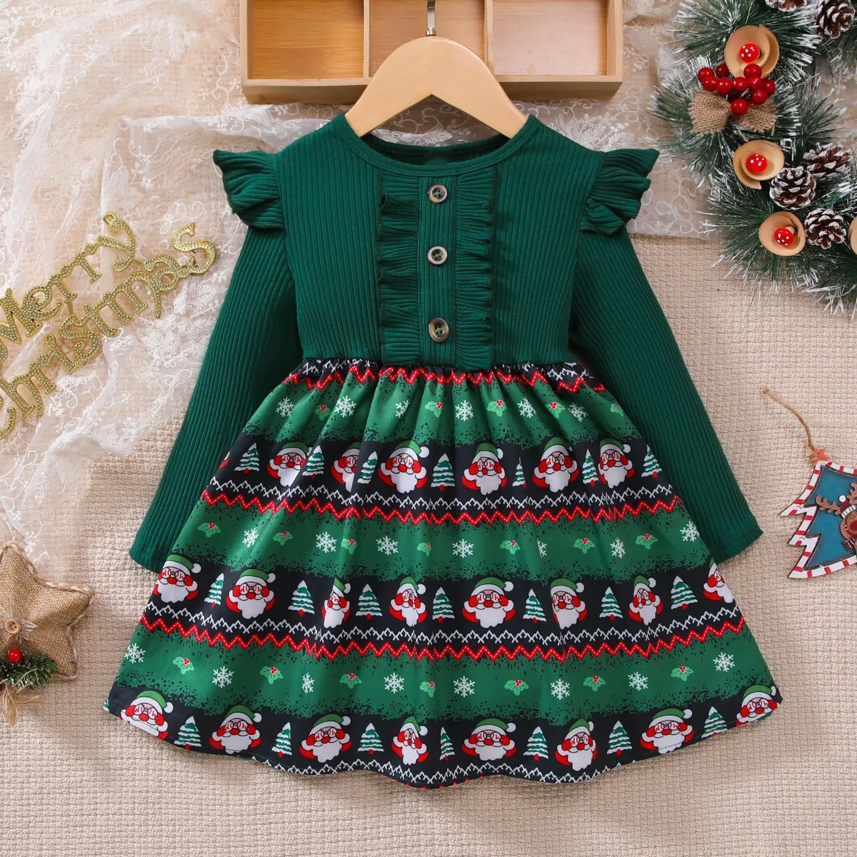 

Girls Christmas Theme Green Ruffle Long Sleeve Dress Baby Girl Holiday Outfit Children's Clothing