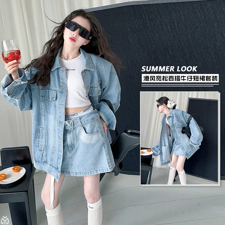 

2025 autumn junior kids clothes suit Collar denim jacket+short skirt 2pcs bluey teen girls Cowboy skirts Sets child outfits 4-14