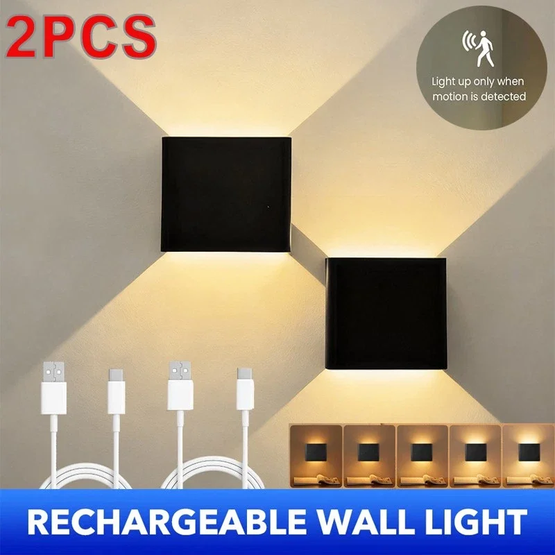 2 Stück Kabellose Würfel-LED-Wandleuchte mit Auf- und Abwärtslicht, Wiederaufladbar, PIR-Sensor, Stufenlose Dimmung, Magnetisches Nachtlicht für Flur und Veranda