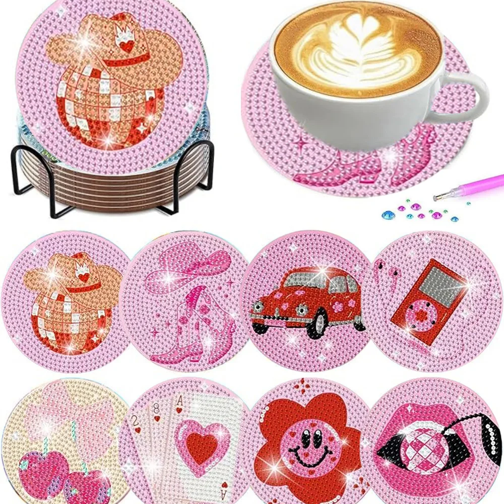 8 Pieces/Set of Diamond Painting Coasters with Brackets, DIY Pink Series Patterned Diamond Painting Coasters