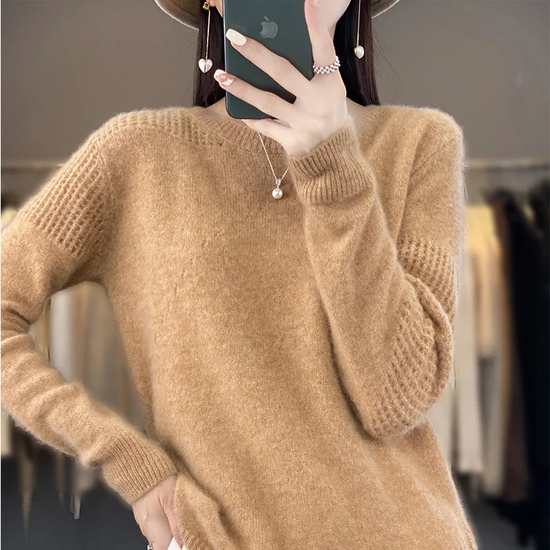 Women 100% Merino Wool Soft Sweater O-Neck Hollow Out Long Sleeve Pullover Female Autumn Winter Bottoming Jumper Knitwear Tops