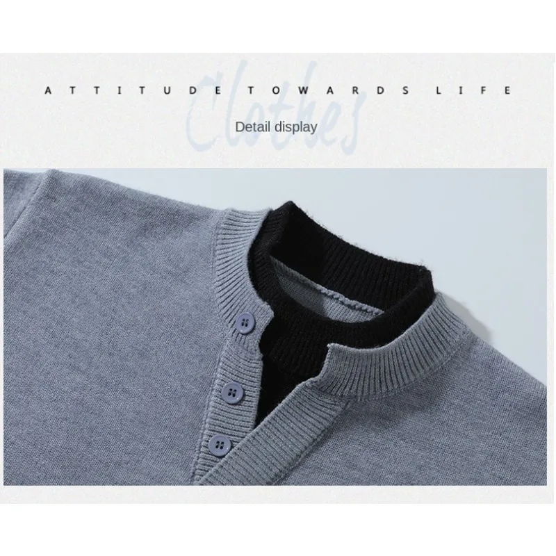 Herren-Strickpullover im Old-Money-Stil mit Henley-Kragen, locker geschnitten, Oversize, Plus Size, lässige Strickware, Oberbekleidung für den Alltag – Detail 8