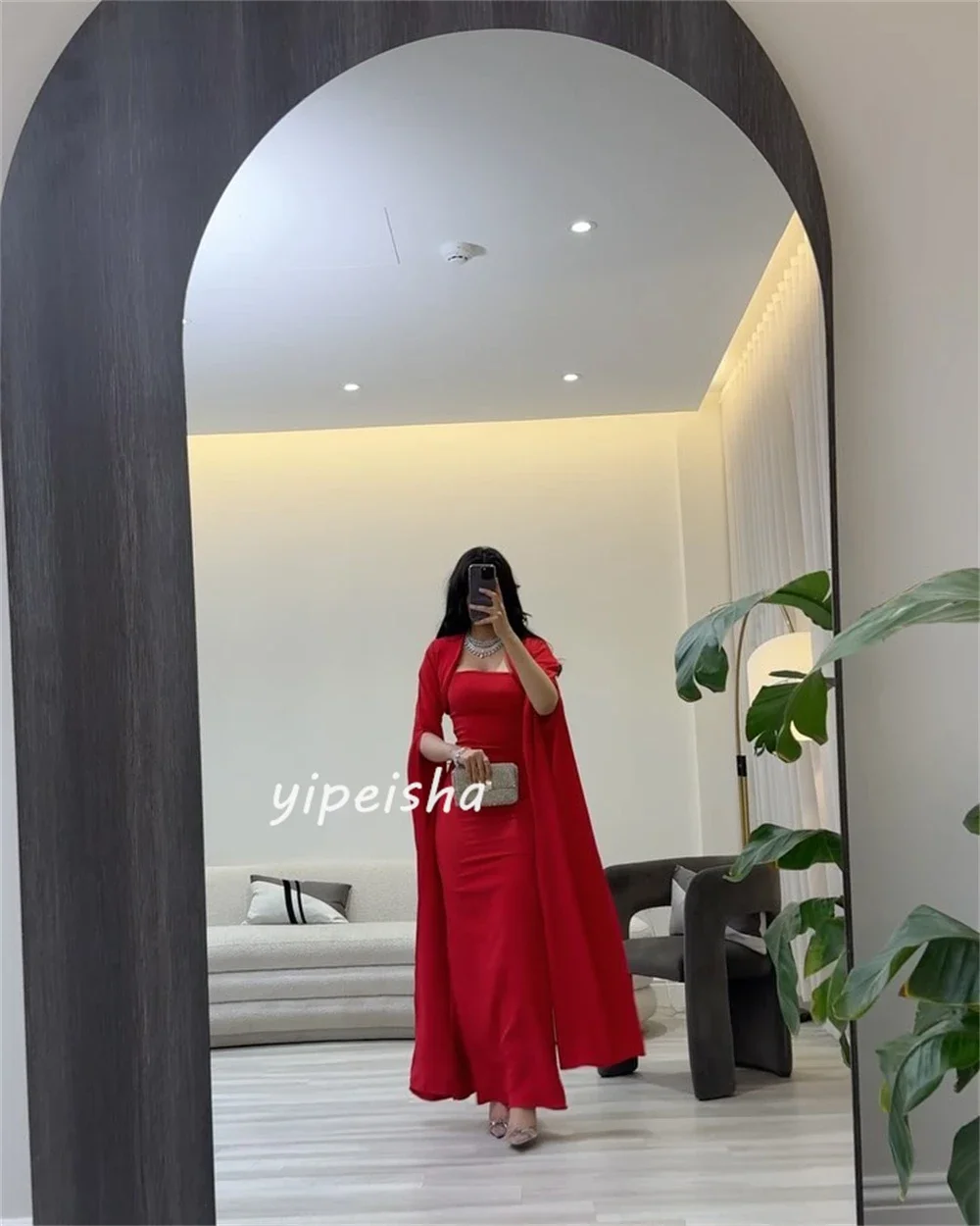 Personalizado jérsei plissado formal noite bainha quadrado pescoço sob medida ocasião vestido vestidos longos arábia saudita