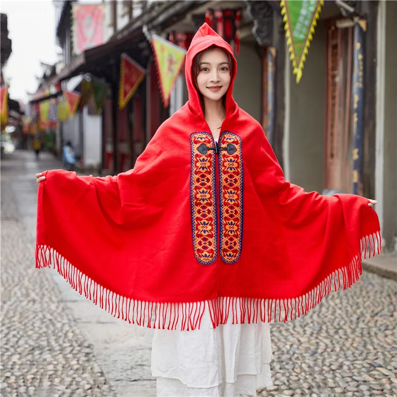 New Tourist Cape Poncho Bull Horn Buckle Ethnic Style Strap Hat Cape Women Bohemian Ethnic Style Hooded Shawl
