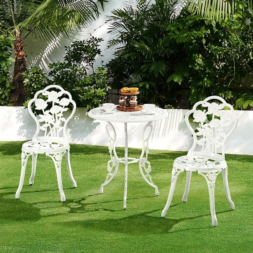 Outdoor Small Bar Set with Rose Design, Rust Proof Cast Aluminum Table and Chairs, Umbrella Hole, 3 Pcs