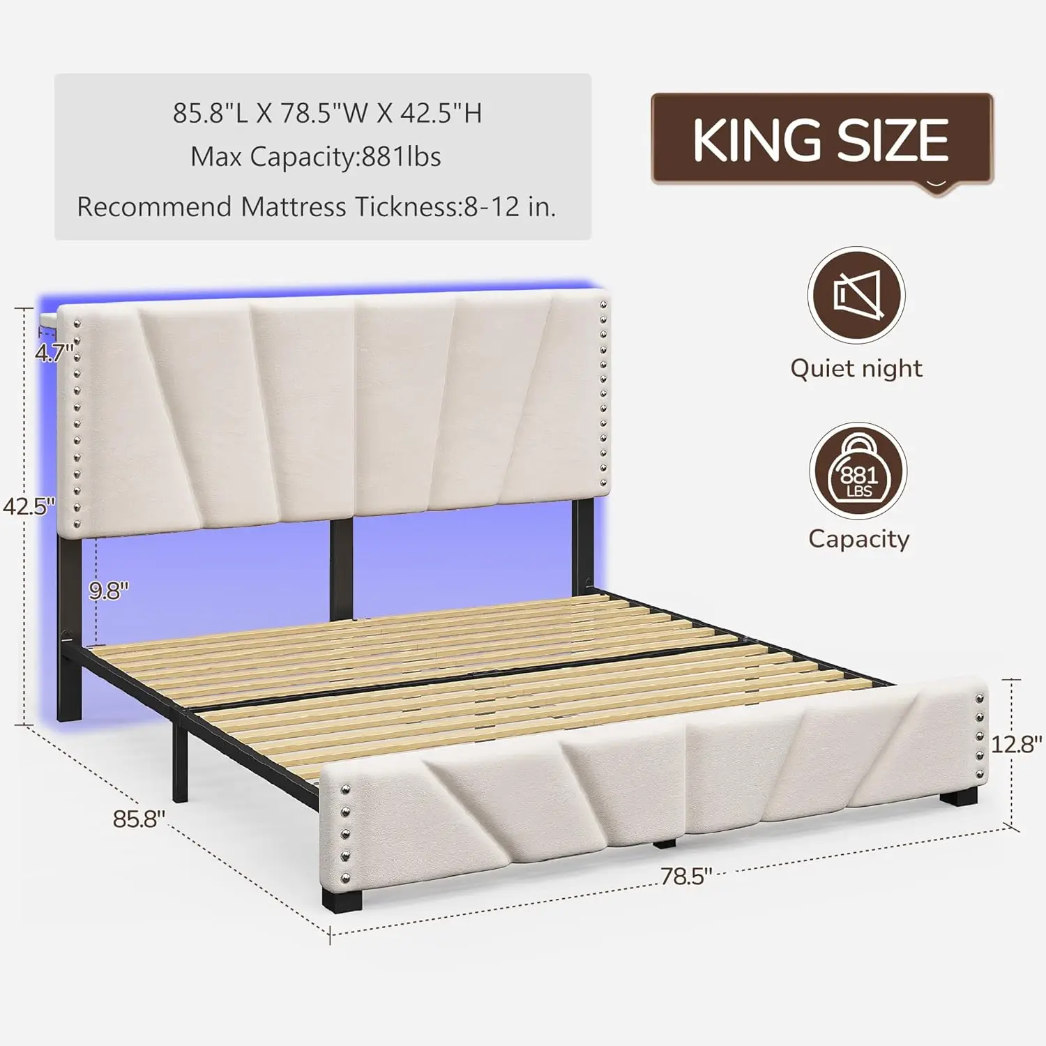 King Size Bed Frame with Velvet Headboard and LED Lights， Storage Headboard Platform Bed with Charging Station image 2