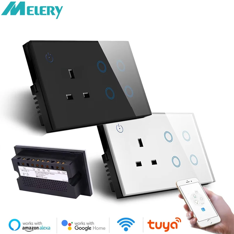 

Melery WIFI Smart UK Sokect Розетка Выключатель света Настенный сенсорный 4Gang Стеклянная панель Электрический пульт дистанционного управления от Alexa Google Home