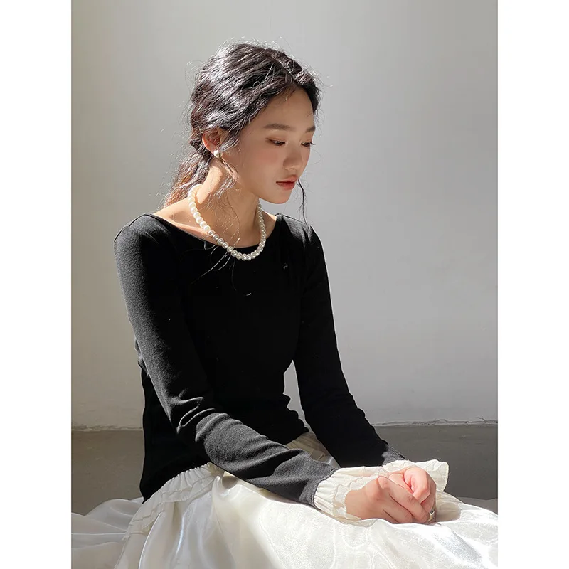 2025새로운 디자인 프렌치 대비 레이스 긴팔 셔츠 2025 봄 신상품