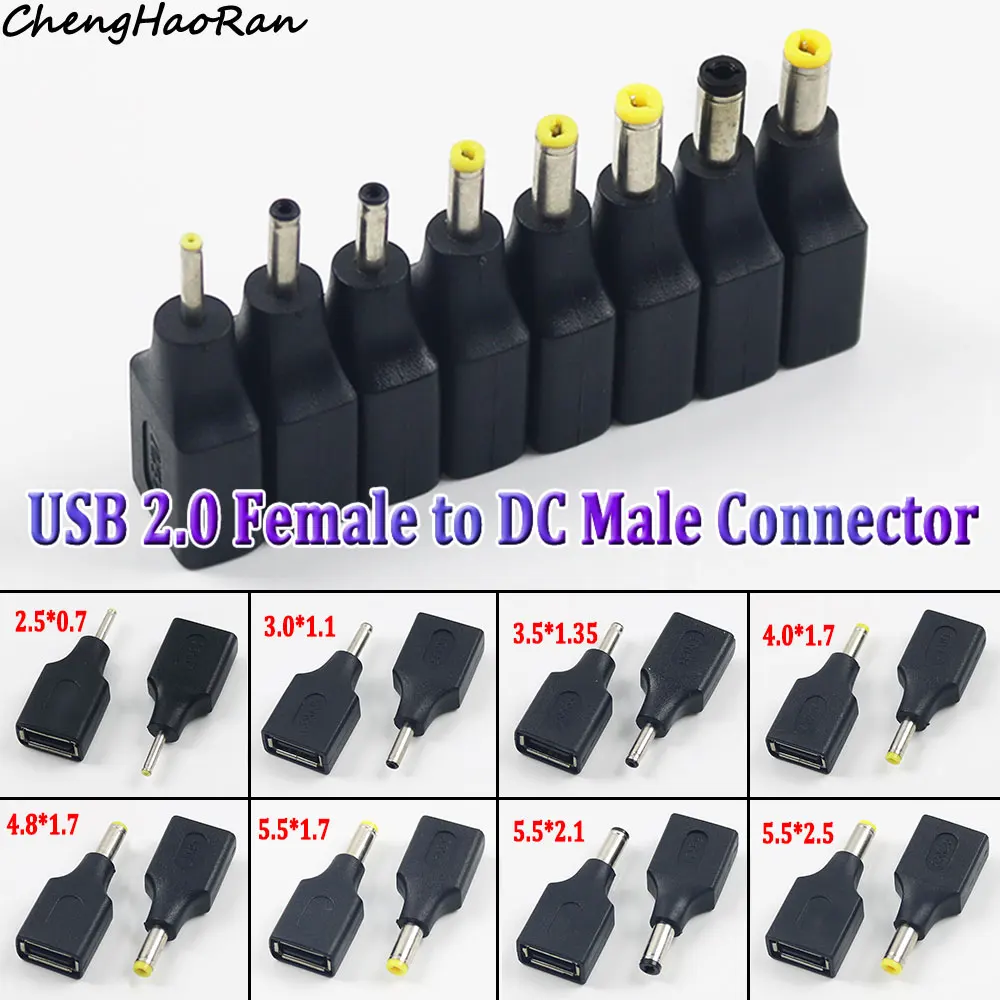 1 Pc DC Power Male 2.5x0.7mm,3.0x1.1mm,3.5x1.35mm,4.0x1.7mm to USB 2.0 Female Plug Jack Converter Laptop Adapter Connector